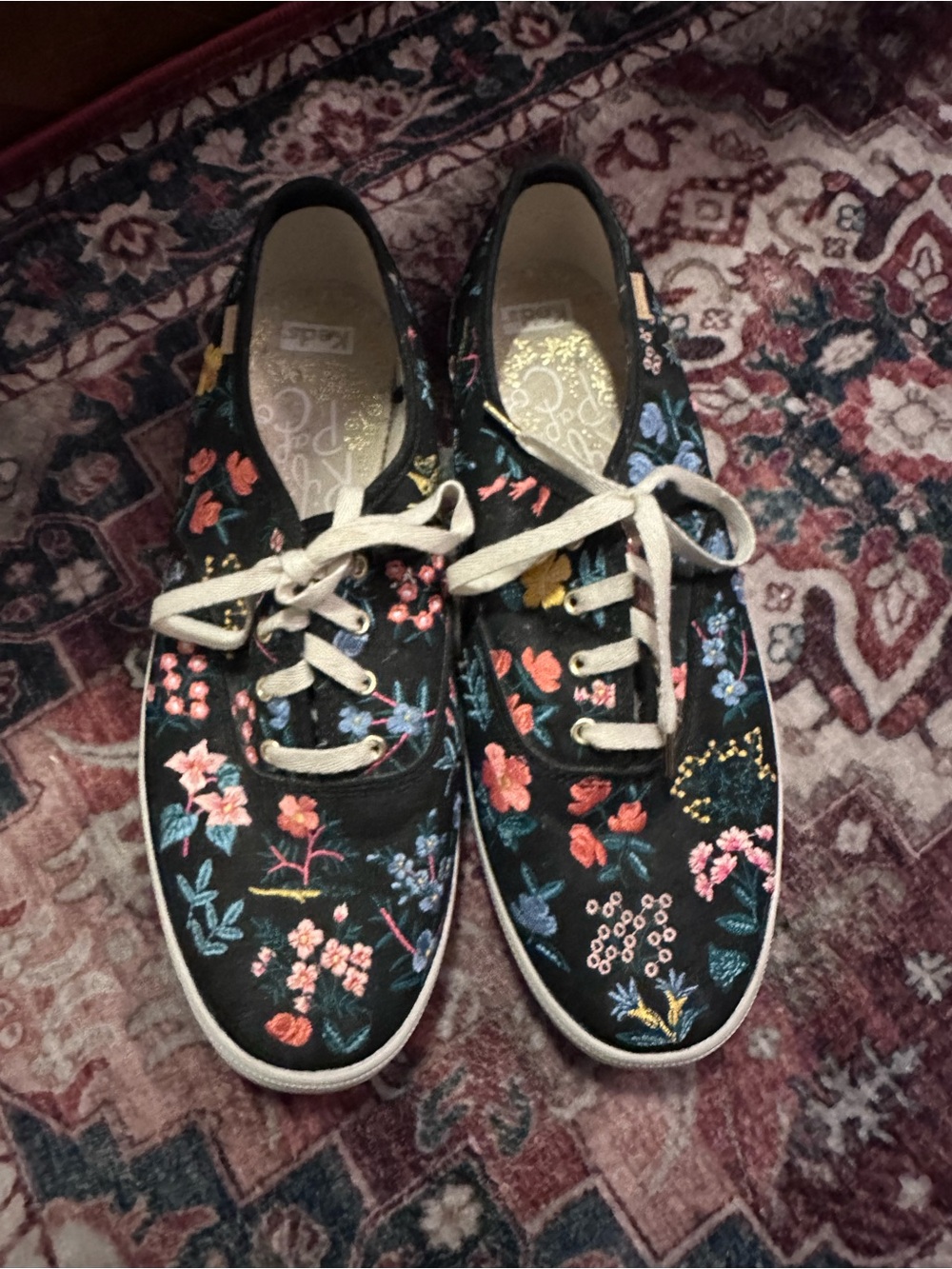 Keds x Rifle Paper Co.  Women's Black Floral Embroidered Lace-Up Sneakers